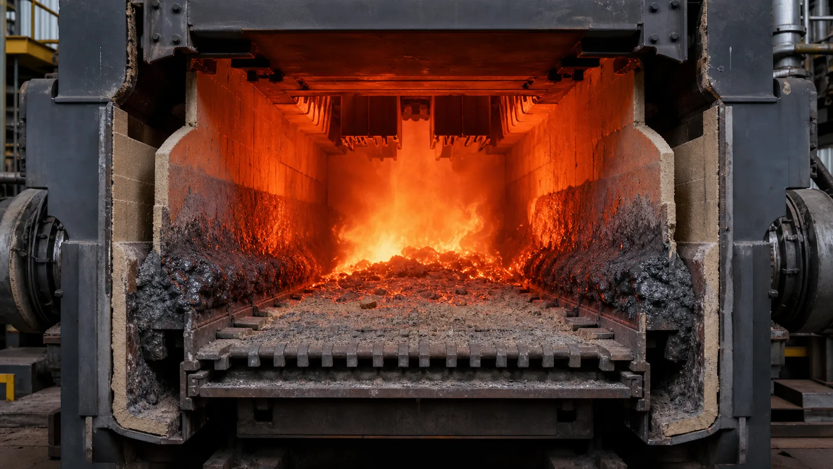 Cutaway view of a reciprocating grate boiler with heavy slag deposits along both furnace side walls