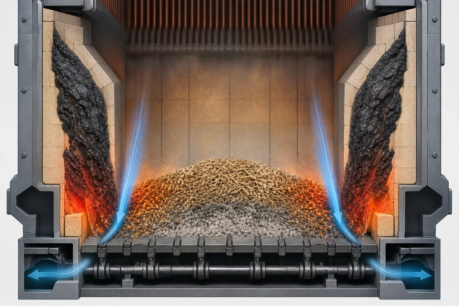 Technical cross-section showing thin edge fuel zones, stronger side airflow and slag growth on both furnace walls