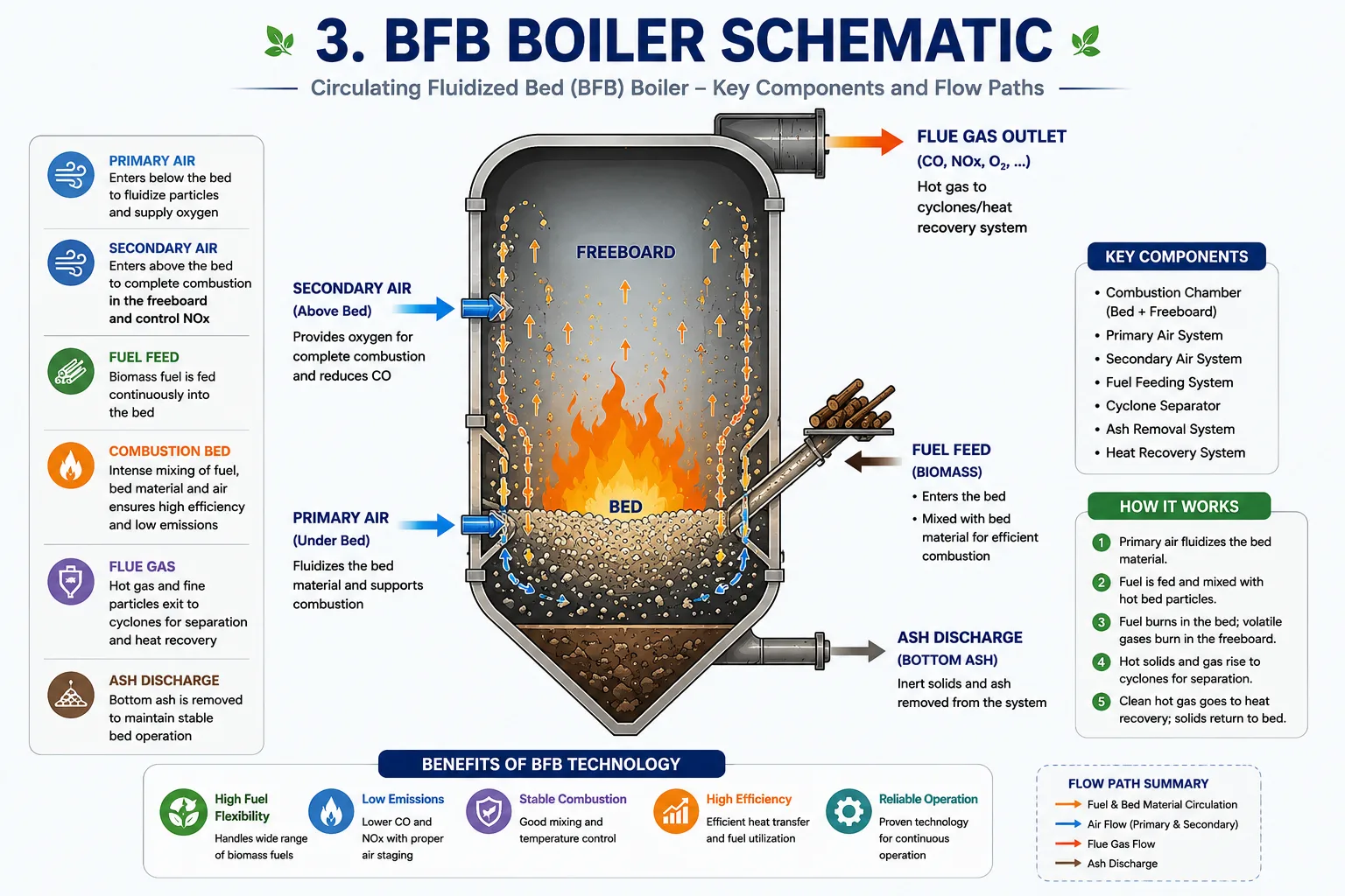 BFB boiler combustion zones with primary air, secondary air, fuel feed and flue gas flow