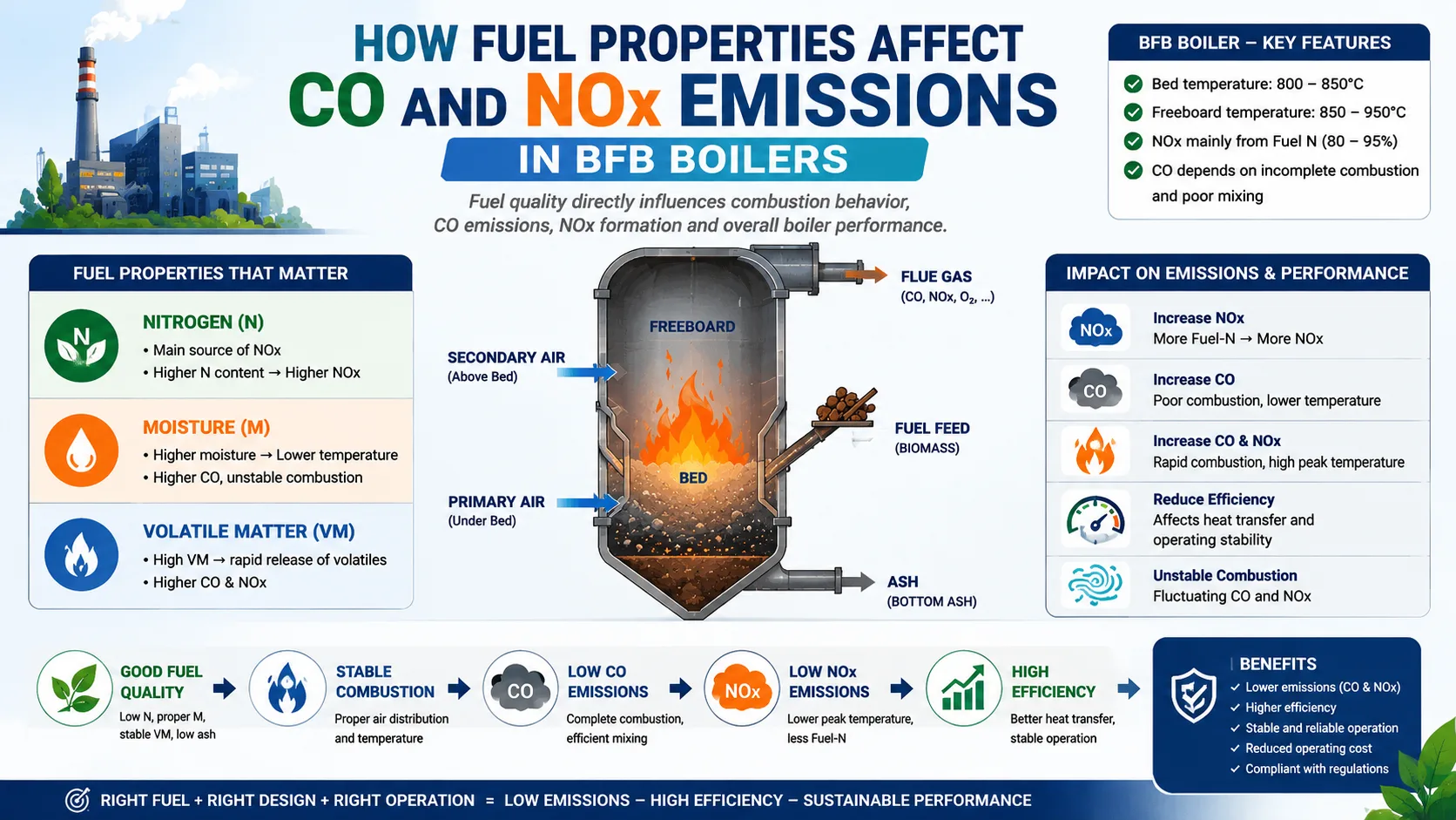 Infographic showing how biomass fuel nitrogen, moisture, volatile matter and ash affect CO and NOx emissions in a BFB boiler