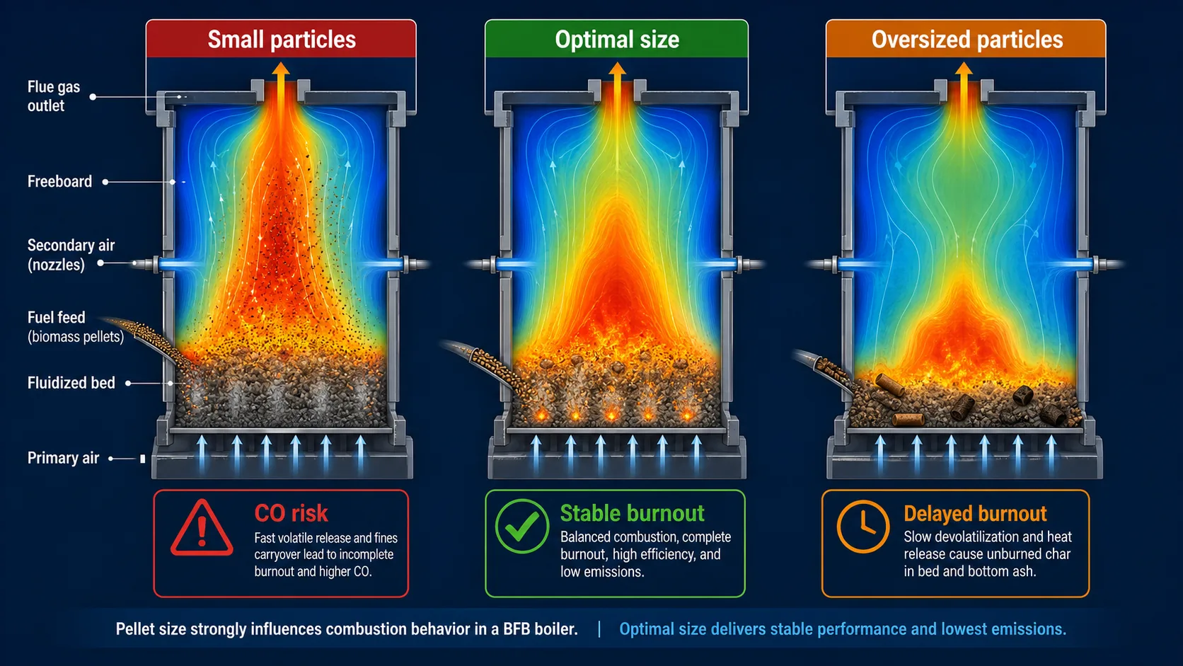 CFD-style comparison of small, optimal and oversized biomass pellets in a BFB boiler combustion zone
