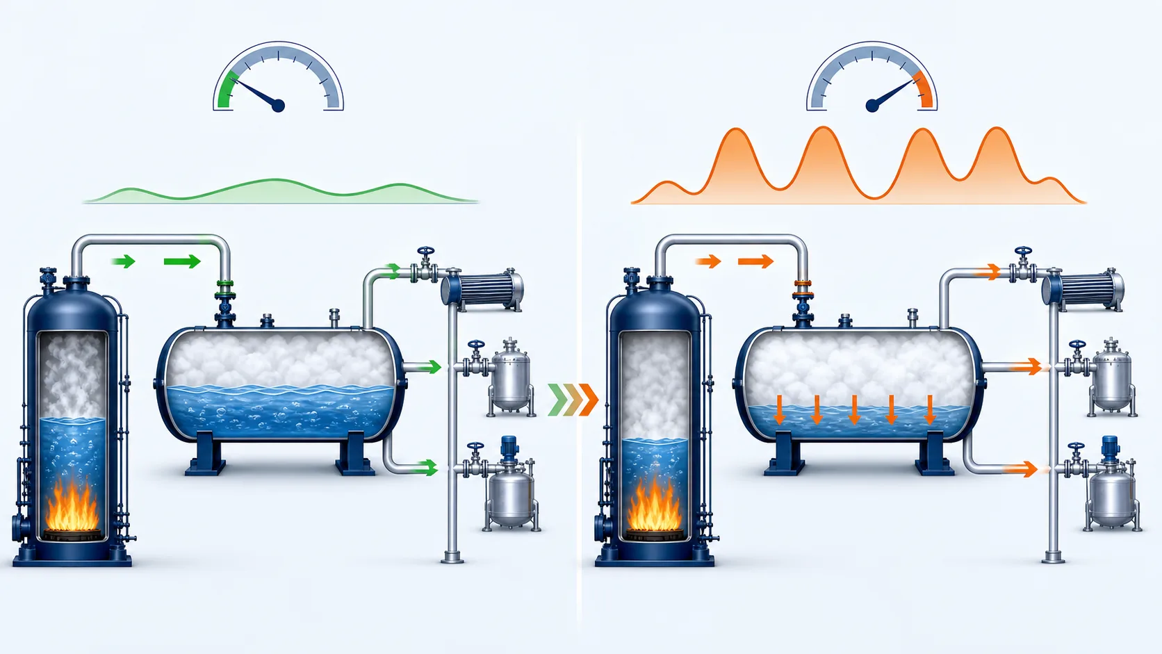 Illustration comparing the charging and discharging stages of a steam accumulator