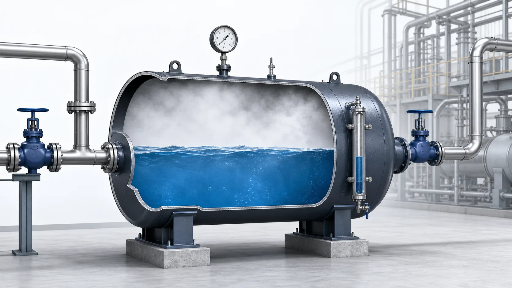 Cutaway illustration of an industrial steam accumulator containing hot water and steam