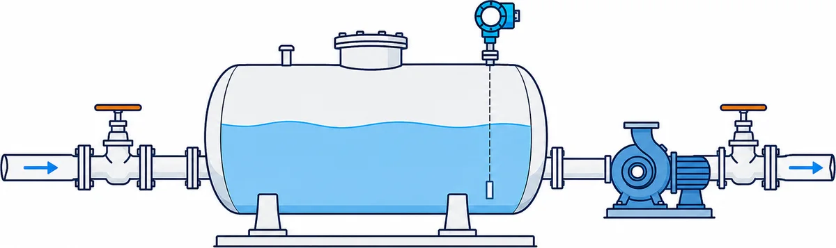 PFD water storage and transfer system with tank, pump, valves and level transmitter