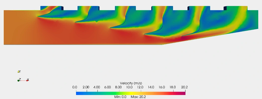 Velocity contour through the optimized header with five baffles